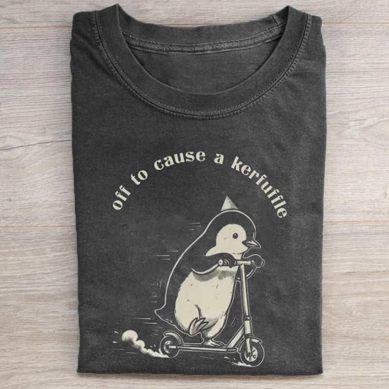 Off to Cause a Kerfuffle Penguin Scooter T-shirt