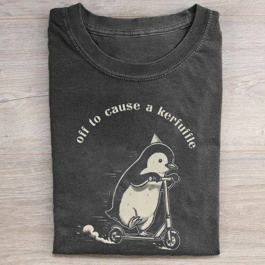 Off to Cause a Kerfuffle Penguin Scooter T-shirt