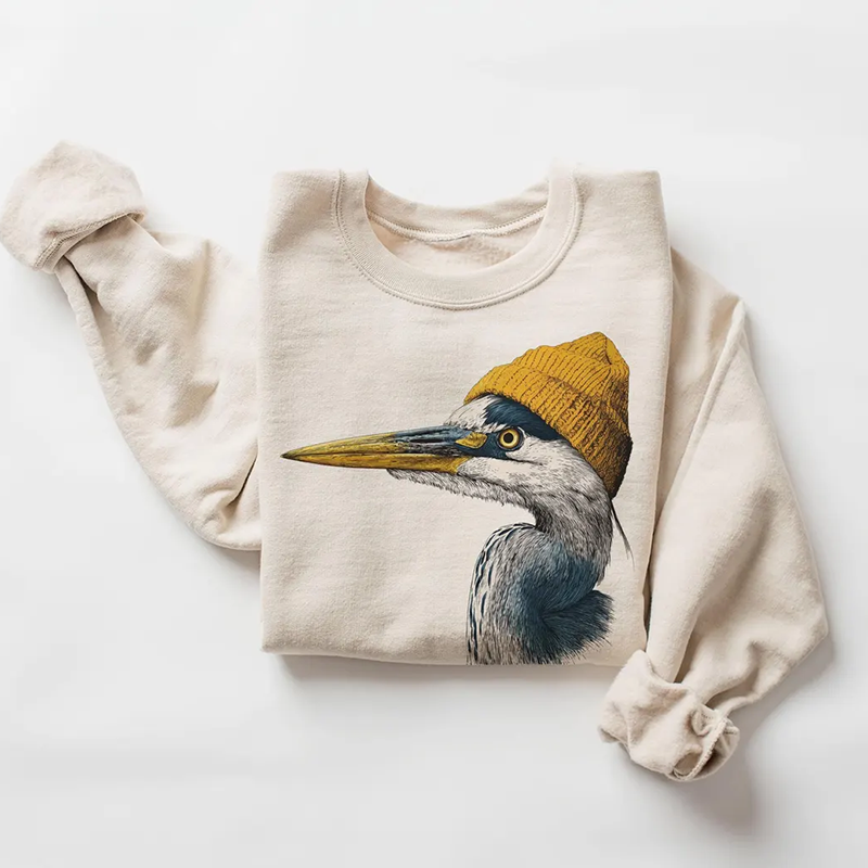 Retro 90's Great Blue Heron Wearing Beanie Sweatshirt