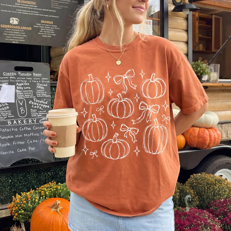 Fall Vibes Pumpkins and Bows Cute Retro Graphic T-shirt