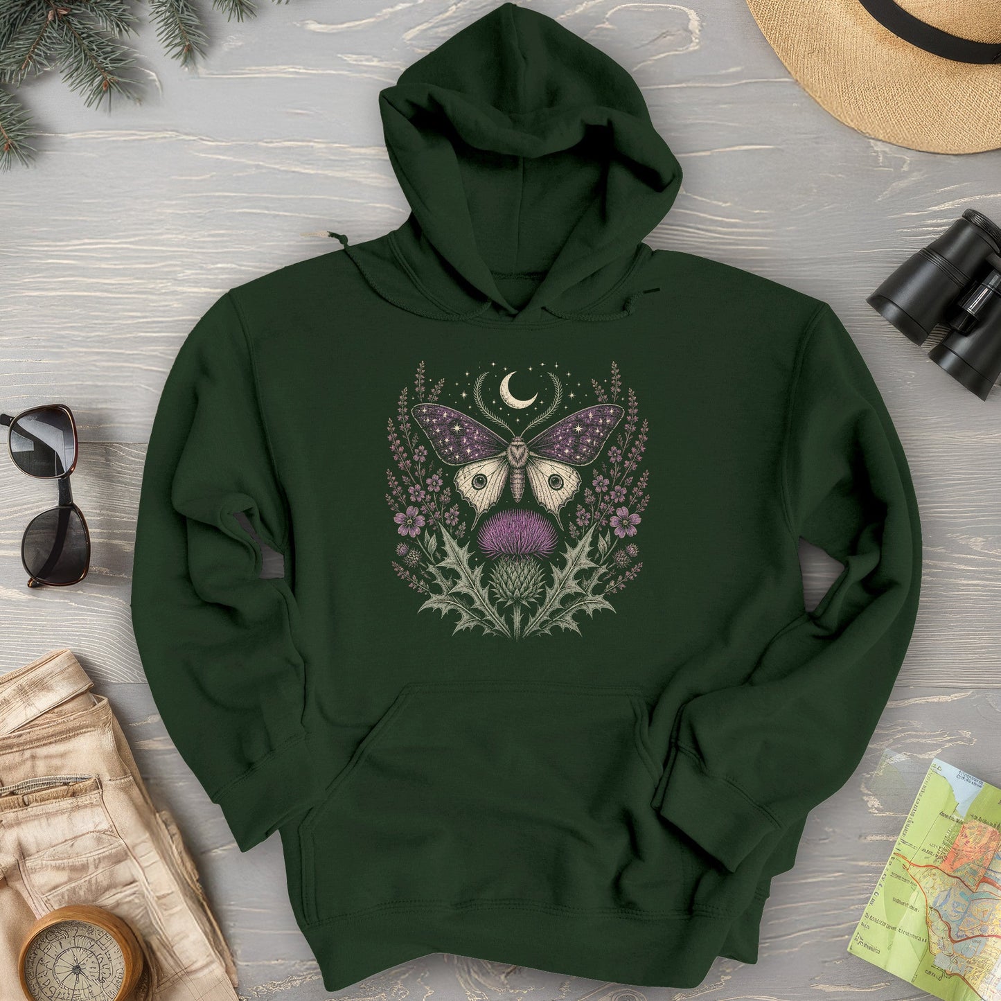 Crescent Thistle Moth Moon Hoodie
